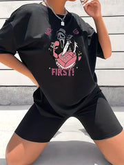 2pcs Halloween Ghost Graphic Crew Neck T shirt & Solid Shorts Women's Activewear