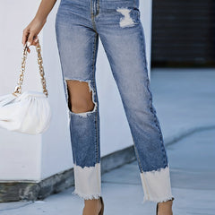 Colorblock Ripped Fringe Skinny Jeans