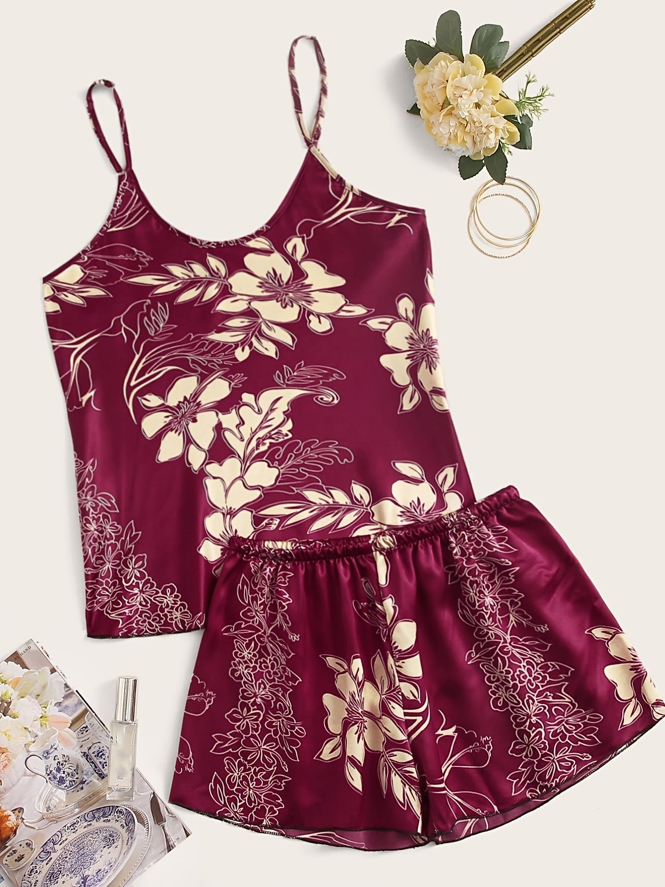 Floral Satin Pajama Set Retro Style Cami Top & Shorts