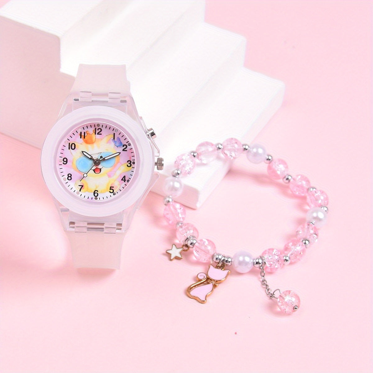 Girls' Cartoon Cat Glow in Dark Watch Set with Glasses Strap Bracelet