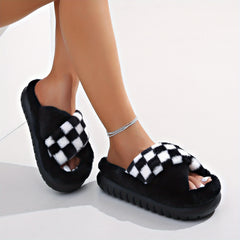 Women's Checkered Plush Slippers Crisscross Strap Fuzzy Platform Shoes