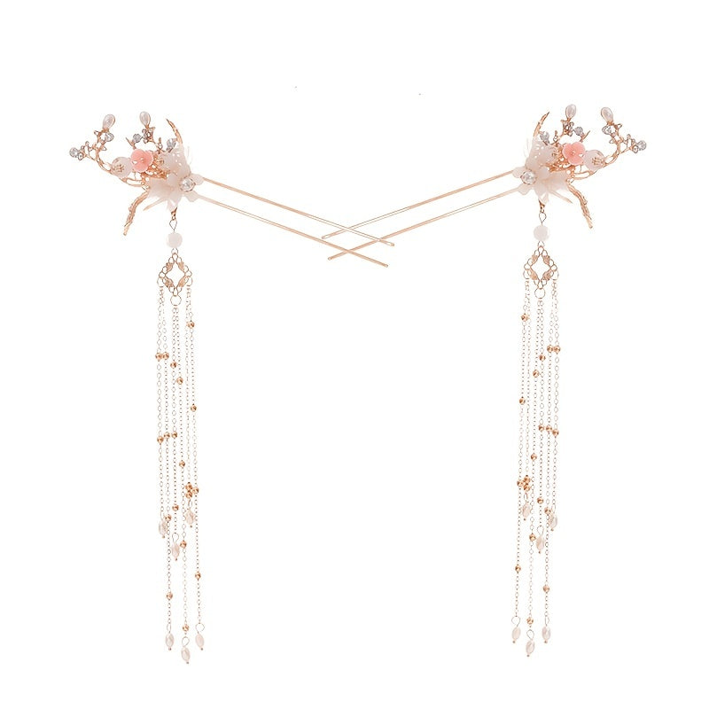 Faux Pearl Crystal Flower Tassels Hairpin Headband Wedding Bridal Jewelry