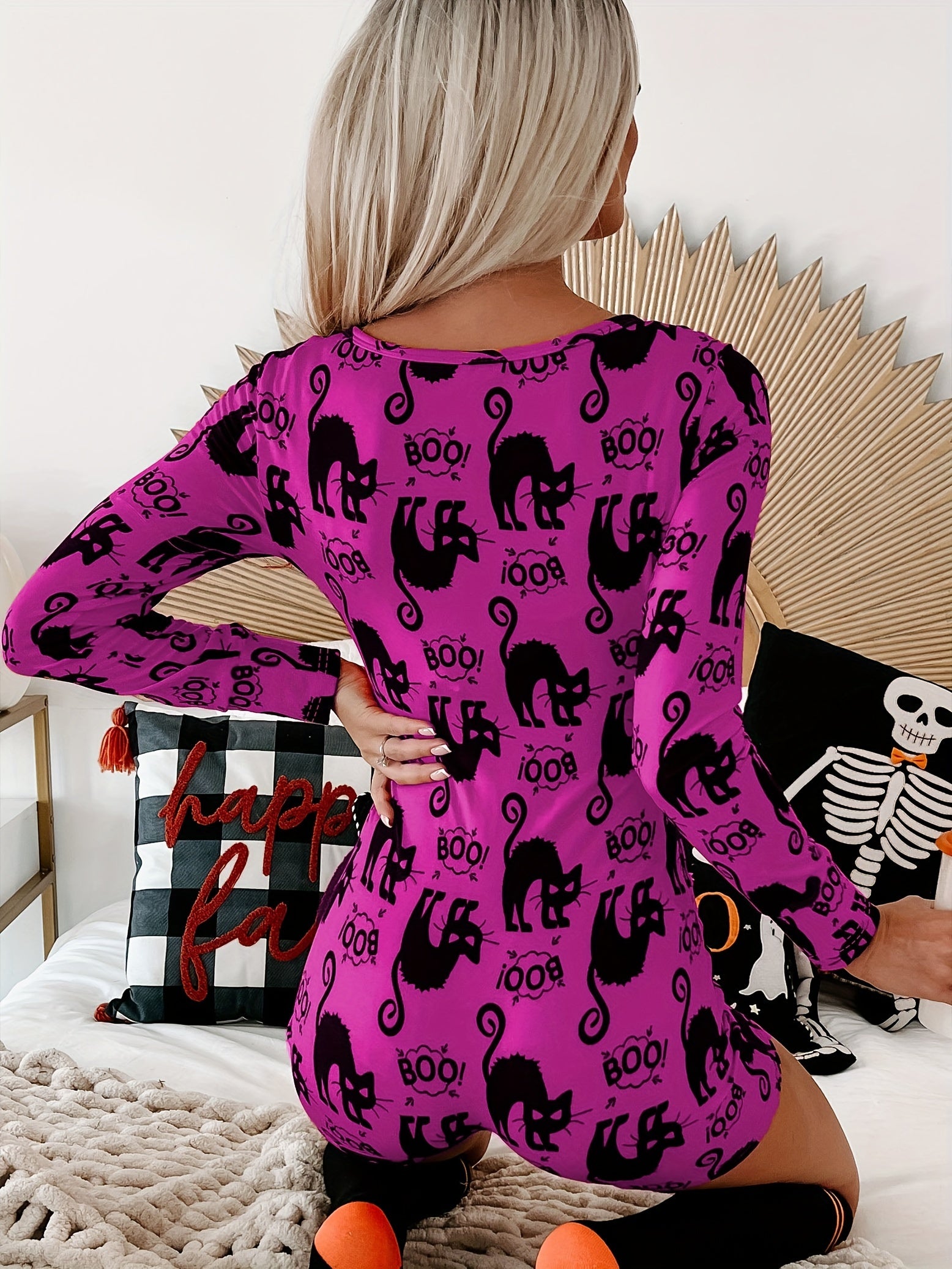 Cartoon Cat Print Pajama Romper Long Sleeve V Neck Pajamas