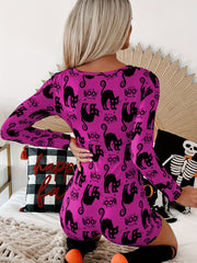 Cartoon Cat Print Pajama Romper Long Sleeve V Neck Pajamas