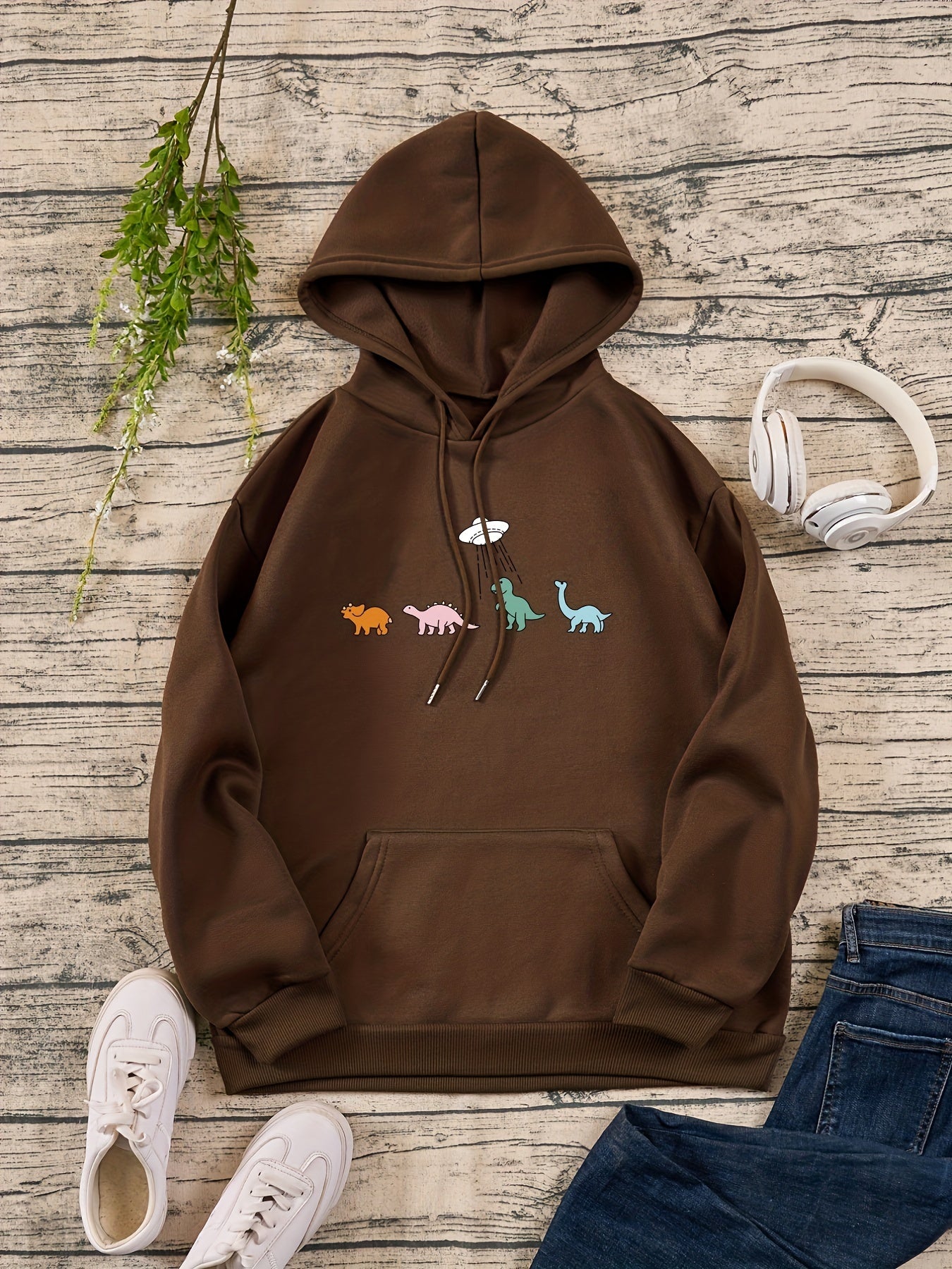 Cartoon Animal Print Casual Hooded Shirt with Kangaroo Pocket