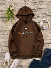 Cartoon Animal Print Casual Hooded Shirt with Kangaroo Pocket