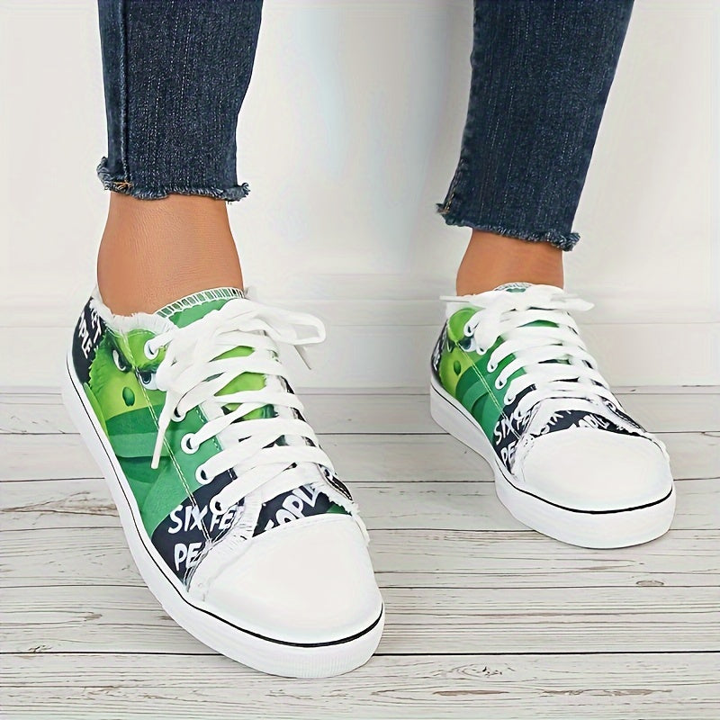 Women Cartoon Pattern Raw Trim Board Shoes Lightweight Low Cut Canvas Sneakers