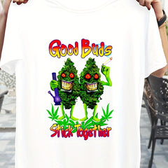 Cartoon Buds & Letter Print Pullover Shirts Crew Neck Short Sleeve Side Knot