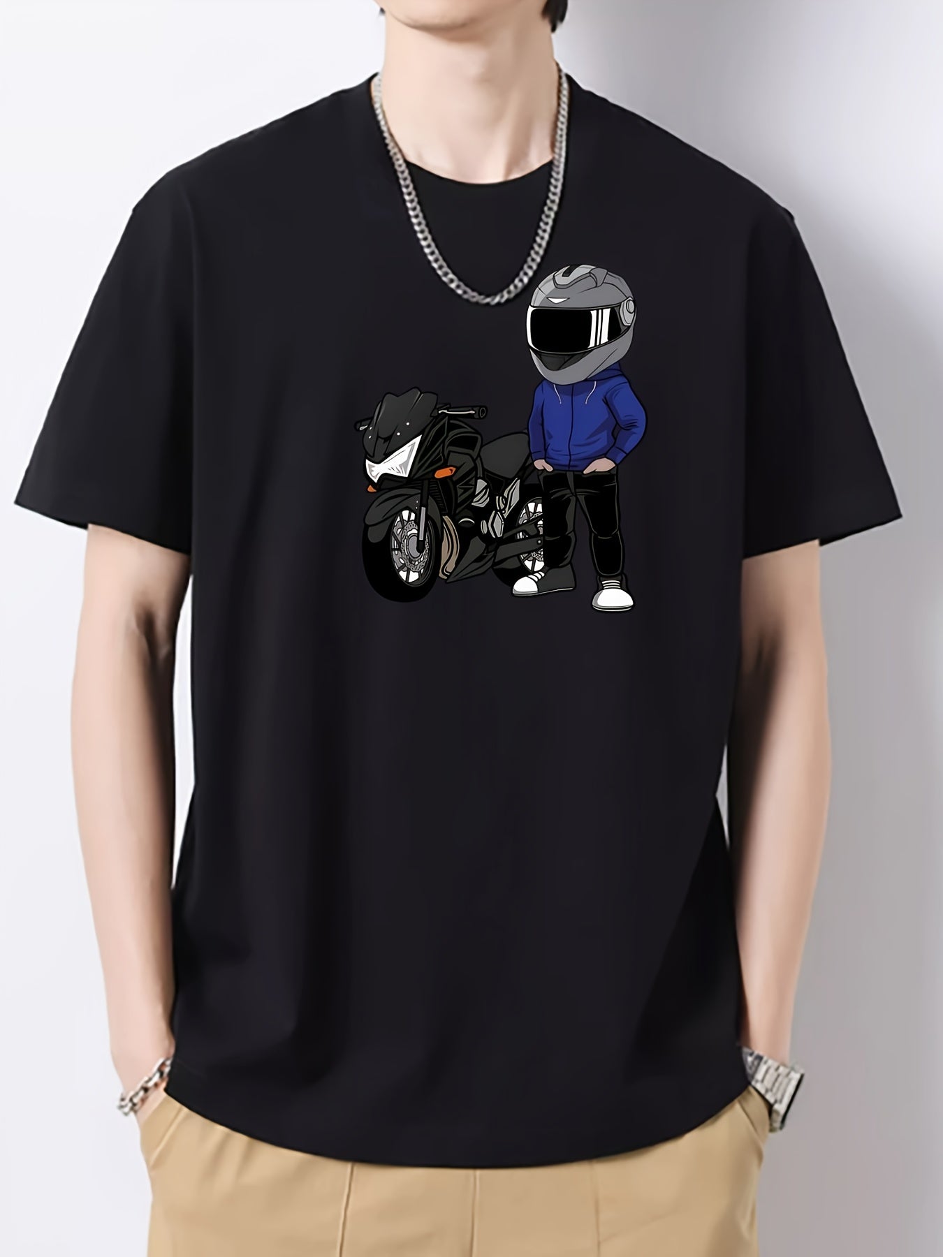 Motorcycle Print Graphic Cotton Crew Neck T-shirt for Men