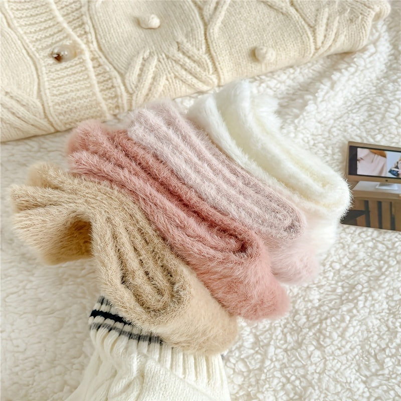 6 Pairs Cozy Fuzzy Warm Women's Socks Solid Soft Stockings Hosiery