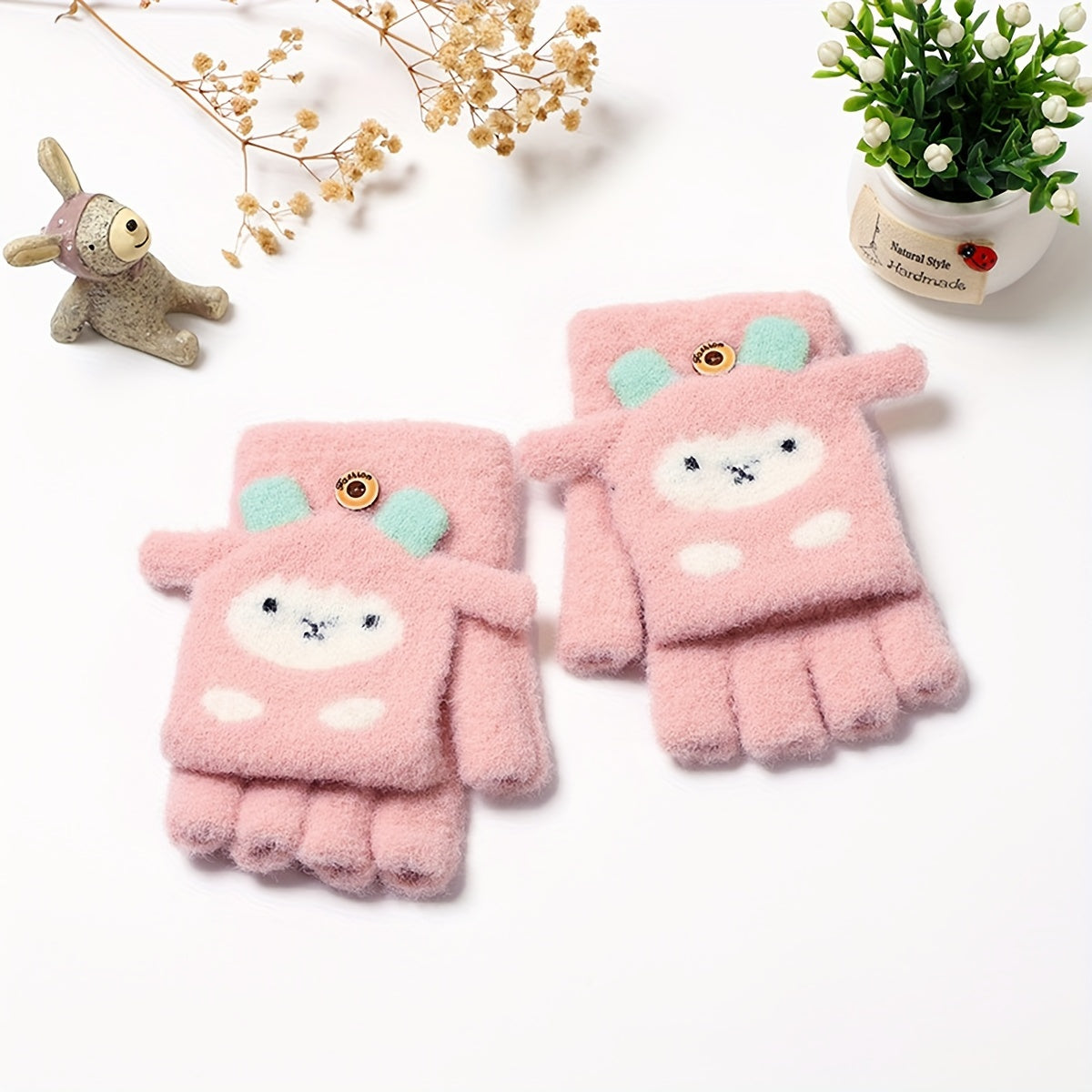 Kids Winter Cartoon Gloves Half Finger Thickened Warm Knitted Gloves