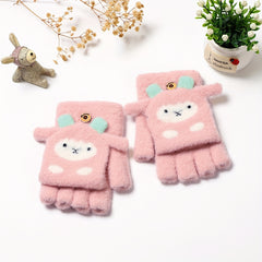 Kids Winter Cartoon Gloves Half Finger Thickened Warm Knitted Gloves