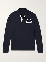 Cross Eyes Face Pattern Knit Polo Shirt Men's Casual Lapel V Neck