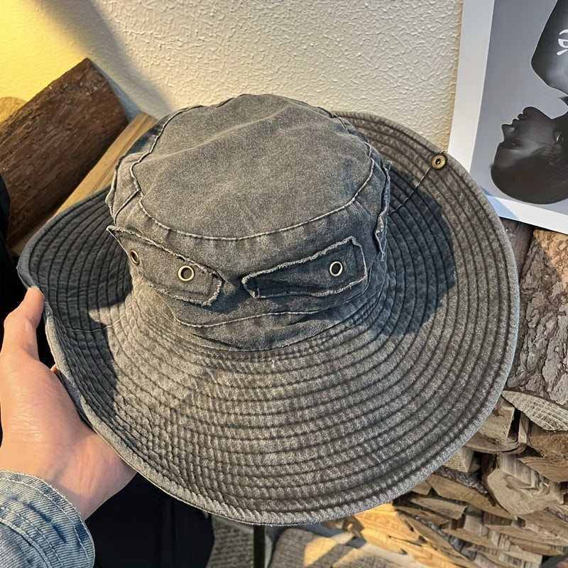 Vintage Washed Cowboy Fisherman Hat Summer Outdoor Big Brim Sun Protection Hat