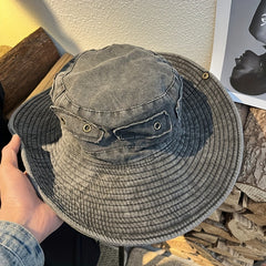 Vintage Washed Cowboy Fisherman Hat Summer Outdoor Big Brim Sun Protection Hat