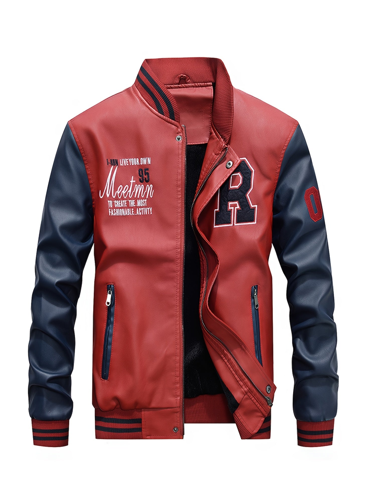 Men's Casual Zipper Baseball Collar PU Leather Jacket