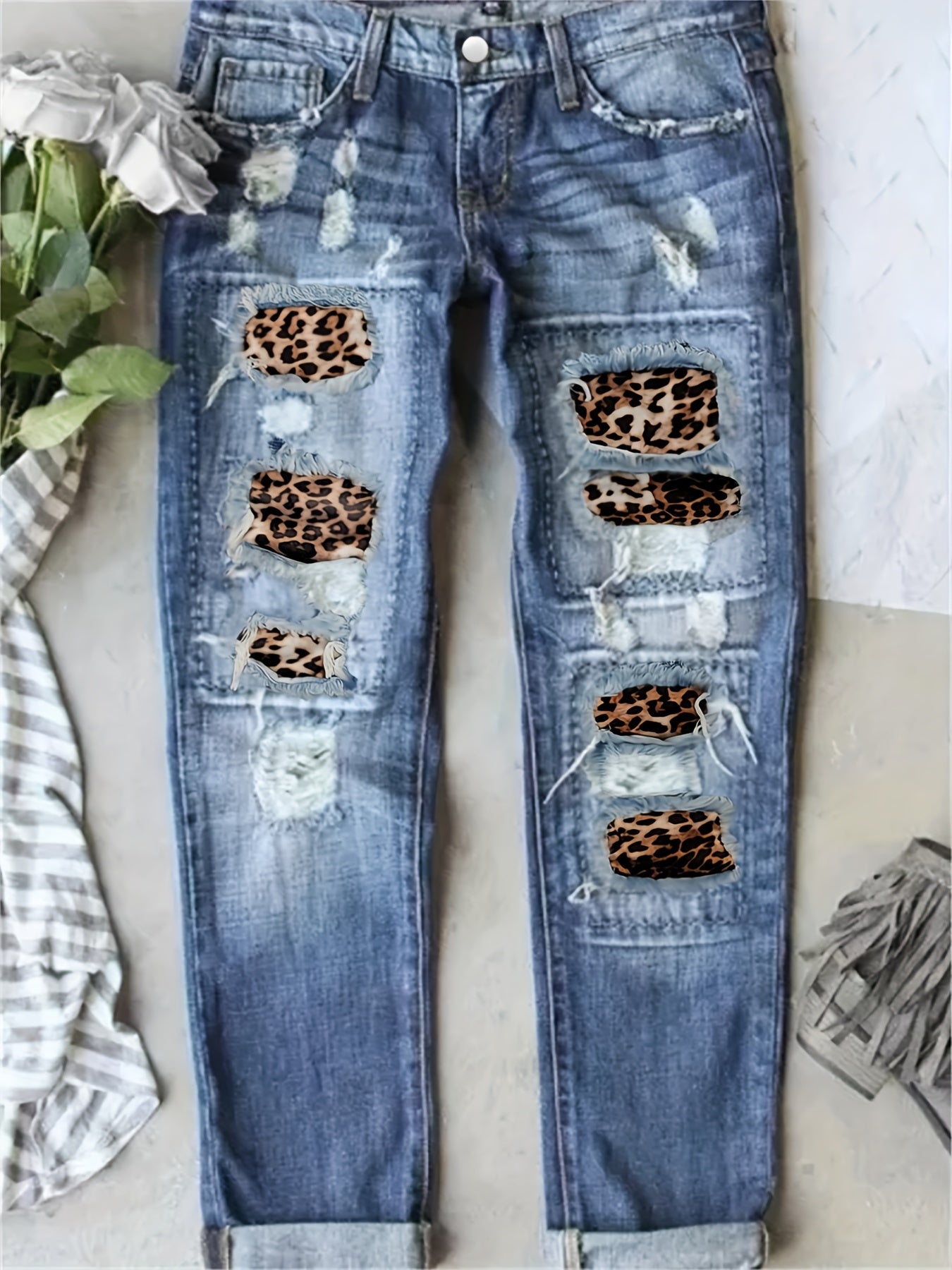 Leopard Print Patchwork Straight Jeans Ripped Holes Non Stretch Denim Pants