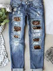 Leopard Print Patchwork Straight Jeans Ripped Holes Non Stretch Denim Pants