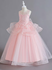 Girls Sleeveless Princess Dress Flower Embroidery Bow Decor Tulle Tutu Dress