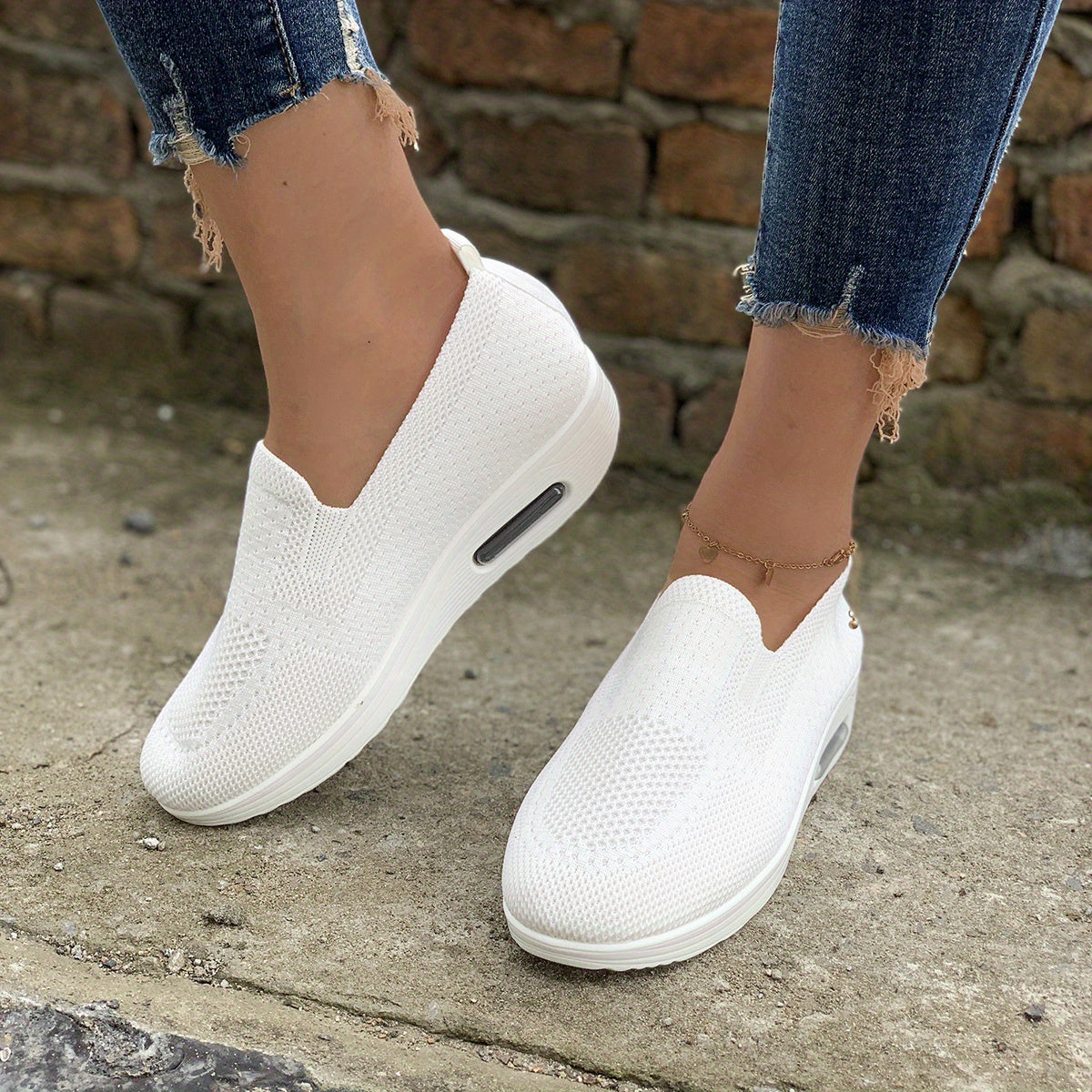 Women's Air Cushion Slip On Shoes Breathable Knit Low Top Casual Walking Shoes