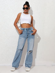 Distressed Wide Leg High Waist Denim Pants