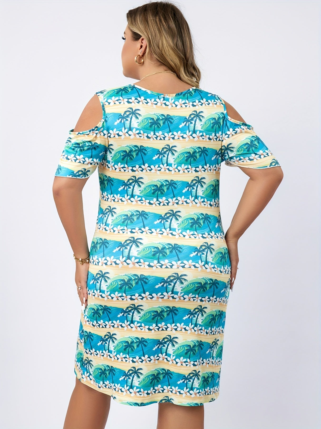 Plus Size Tropical Print Cold Shoulder Tee Sleep Dress