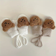 Kids Bear Gloves Neck Hanging Mittens Winter Double layer Knitted Warm