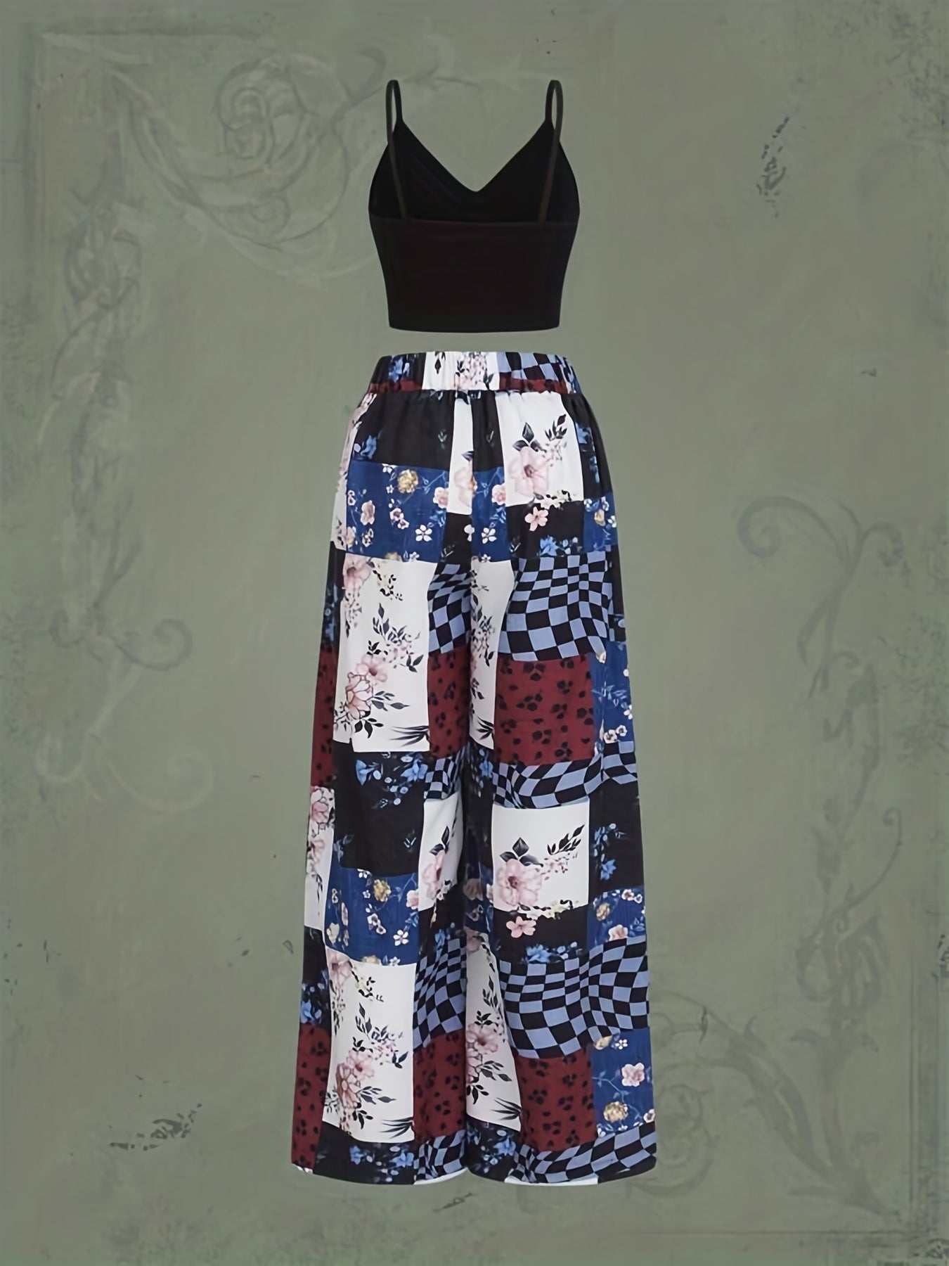 Hippie 2pc Set Solid Cami Top & Floral Wide Leg Pants
