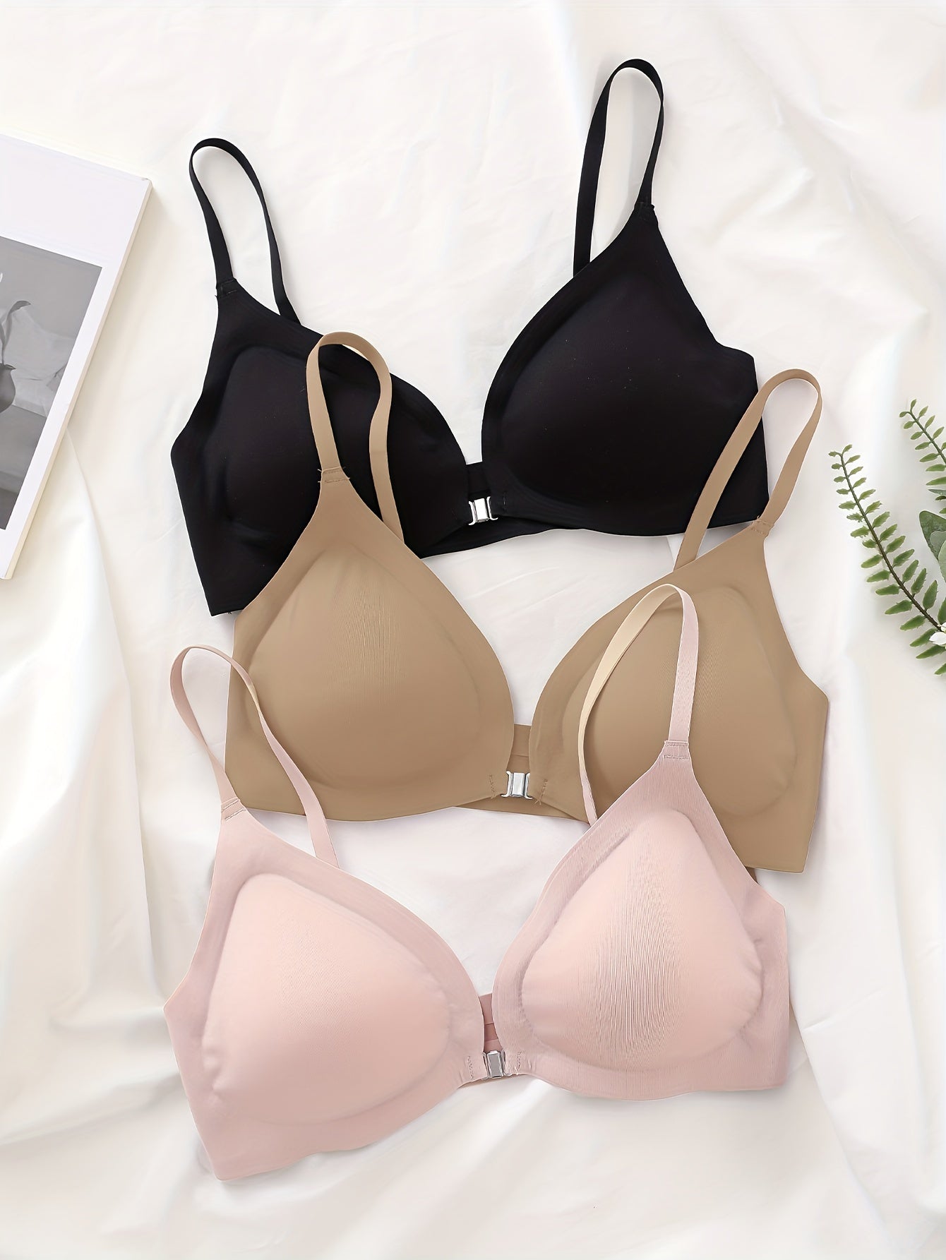 3pcs Seamless Wireless Front Buckle Push Up Bra Women's Lingerie