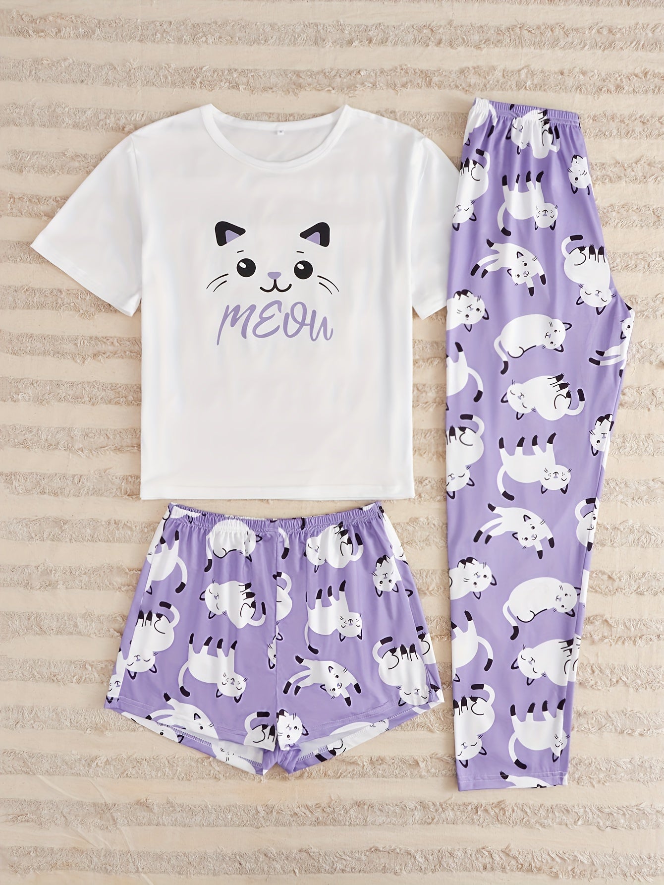 Cat Print Pajamas Set Short Sleeve Top & Shorts & Pants