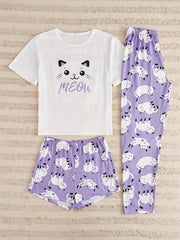 Cat Print Pajamas Set Short Sleeve Top & Shorts & Pants