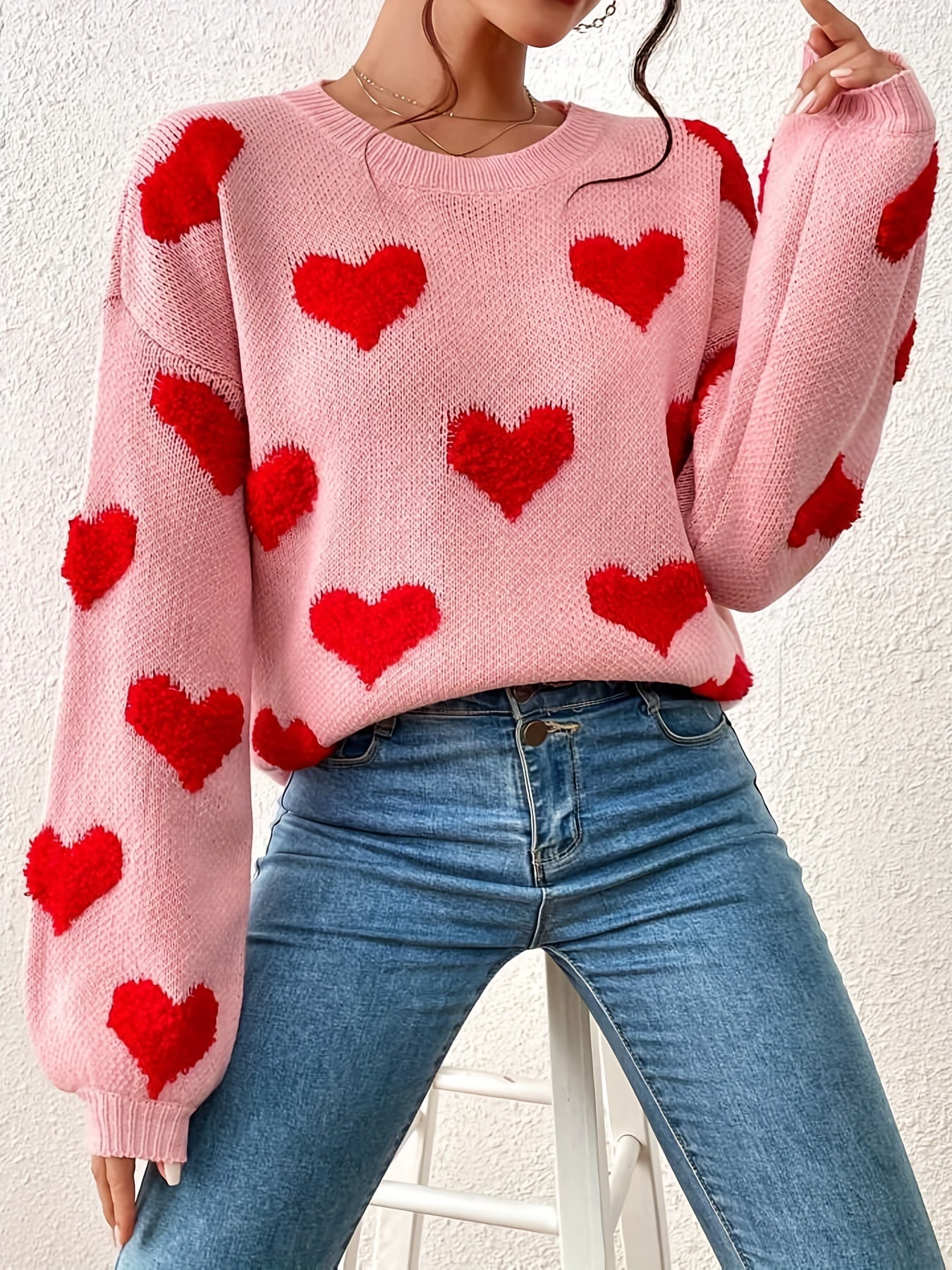 Heart Pattern Crew Neck Pullover Sweater Women's Clothing