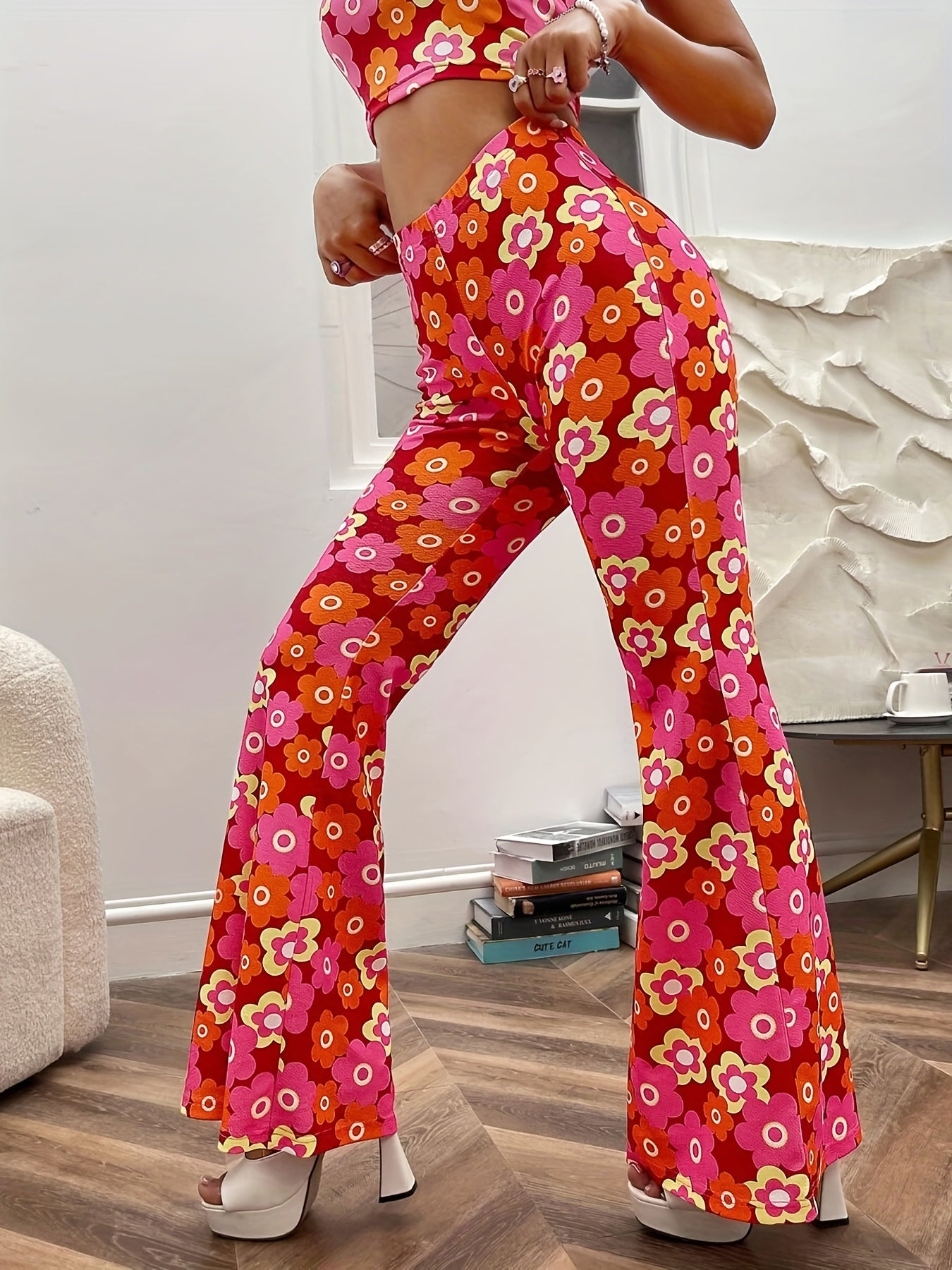 Floral Print High Waist Flare Leg Pants Elastic Waist Pants