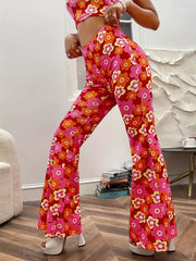 Floral Print High Waist Flare Leg Pants Elastic Waist Pants