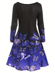 Casual Dress Women's Plus Butterfly Print Long Sleeve Round Neck