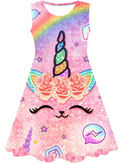 Unicorn Princess Dress Girls 3D Printed Sleeveless Birthday Party Summer Fun