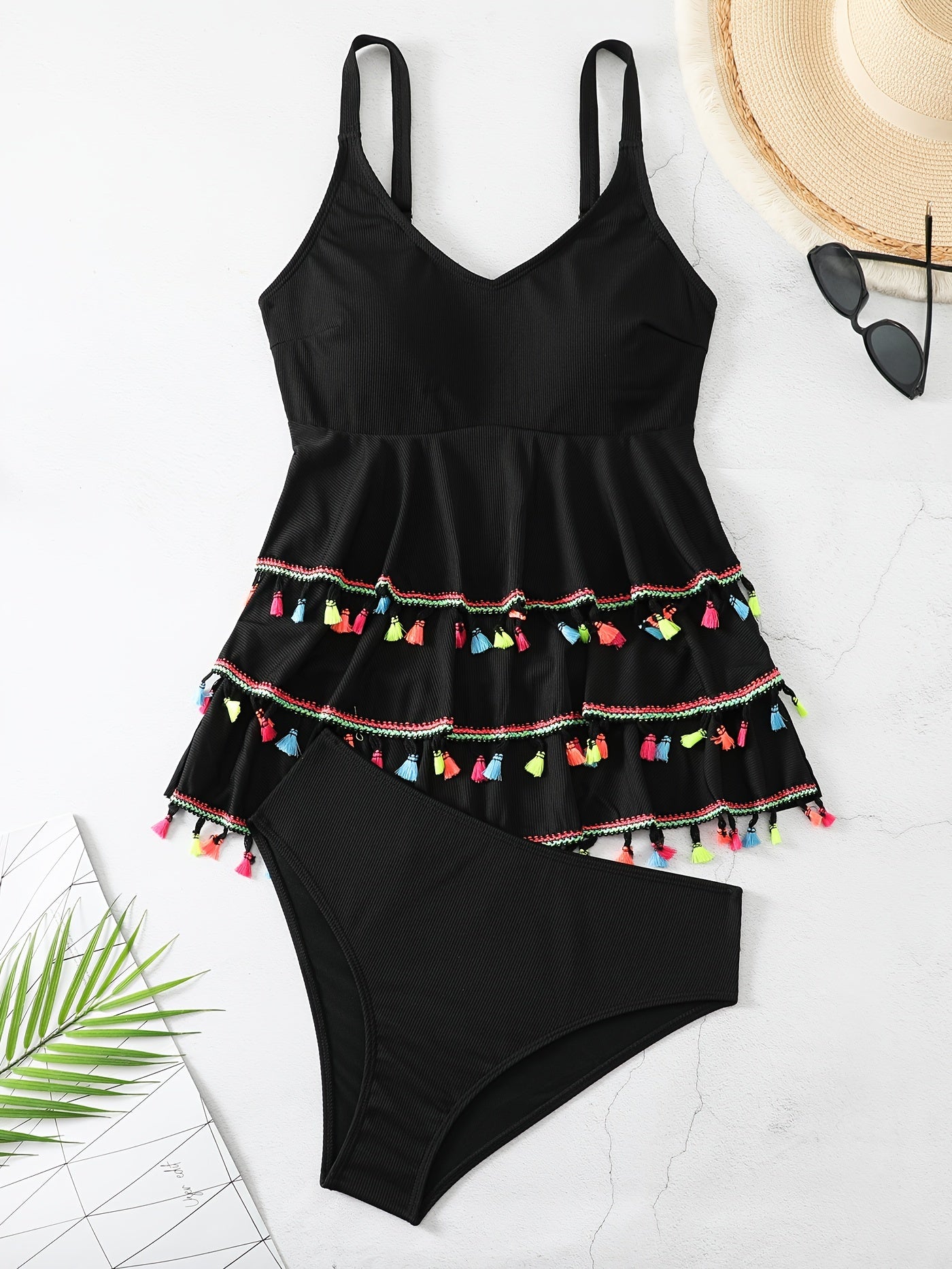 Modest Tankini Set Ribbed Knit V Neck Cami Top & Panty Swimsuit