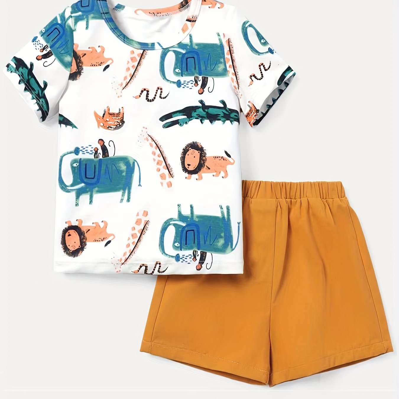 Boys Cartoon Lion Elephant Snake Crocodile Casual Outfit Set