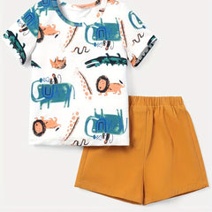 Boys Cartoon Lion Elephant Snake Crocodile Casual Outfit Set