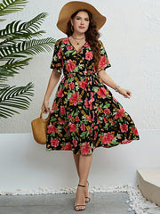 Plus Floral Print Short Sleeve Surplice Neck Stretch Midi Dress With Belt