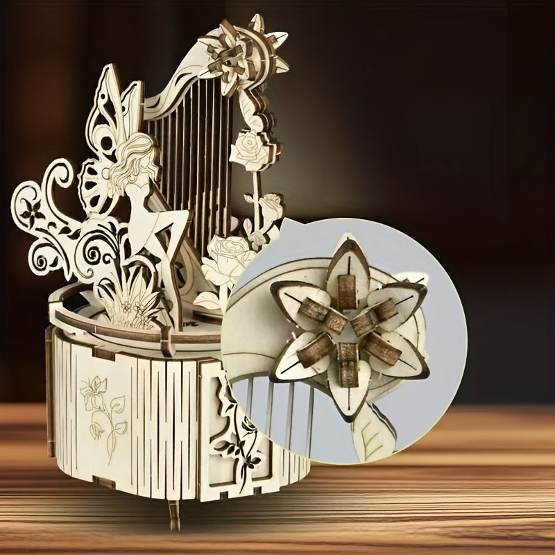 3D Wooden Puzzle Handcrafted Recycled Wood Rose with Lyre & Floral Yellow