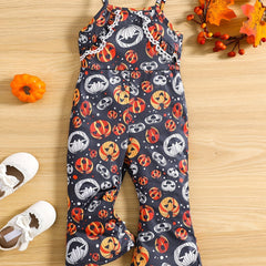 Cute Pumpkin Print Suspender Pants for Baby Girl's Halloween Costume