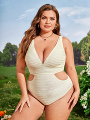 Solid Textured Cut Out V Neck One Piece Swimsuit