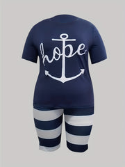 Women's Plus Size Letter & Anchor Print Top & Striped Shorts Set