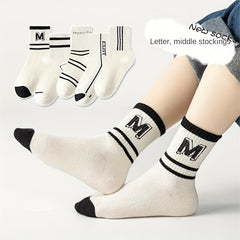 5 Pairs Kids Striped Crew Socks for Spring & Autumn