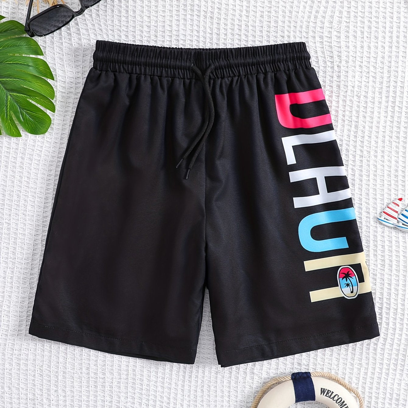 Boys Swim Trunks Elastic Waist Beach Pants BEACH Print Swim Shorts