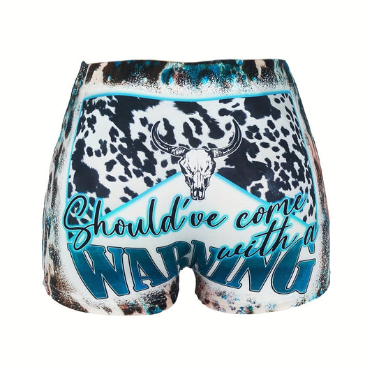 Western Style Leopard & Bull Skull Print Tie Dye Shorts
