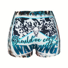 Letter & Bull Skull Print Skinny Shorts for Women