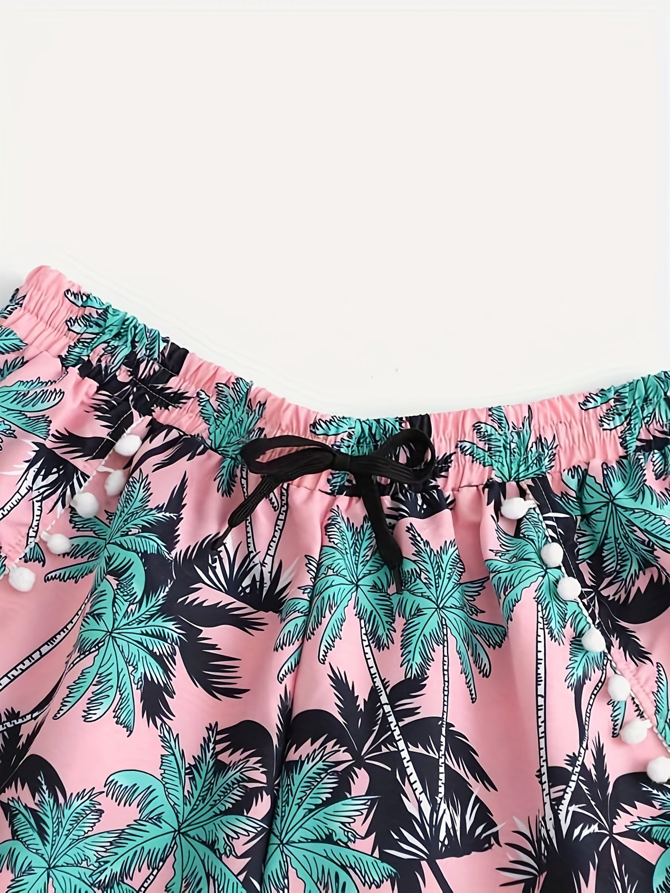 Tropical Print Mini Bow Pompom Trim Shorts
