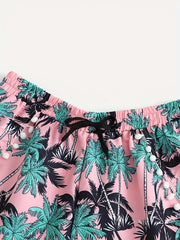 Tropical Print Mini Bow Pompom Trim Shorts